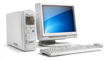a desktop computer setup, which includes a tower, keyboard, and mouse. the tower appears to be a standard model with a prominent logo on its side