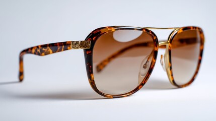 a pair of sunglasses with a brown tortoiseshell frame and gold toned metal accents. the glasses have a classic, rounded style and feature two lenses, one for each eye