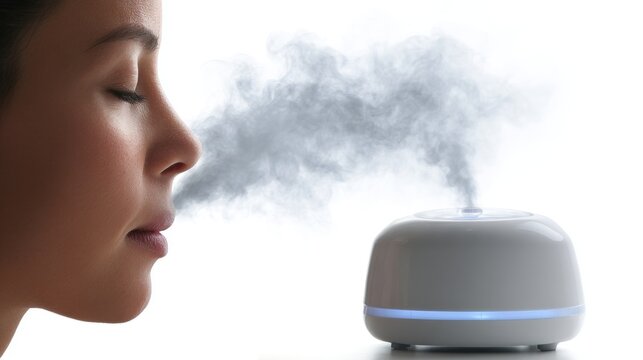 a moment of tranquility with a person inhaling steam from an aroma diffuser placed nearby. the diffuser emits a gentle waft of mist into the air, creating an atmosphere of relaxation and rejuvenation