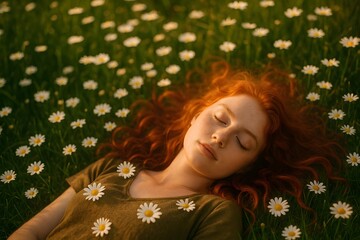 A serene young woman with flowing red hair reclines in a field of wildflowers, lost in a moment of tranquil repose amidst nature's beauty.