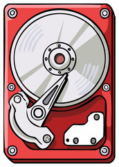 Fototapeta premium Red Hard Disk Drive Internal Components Cartoon Illustration Computer Storage Technology