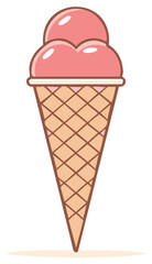 A double scoop of pink strawberry ice cream in a waffle cone cartoon illustration