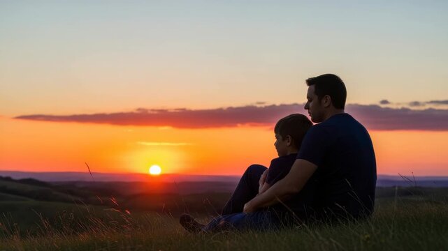 man embraces boy as they sit on grassy hilltop silhouetted against breathtaking orange and yellow sunset The sky features soft clouds above rolling hills in the distance