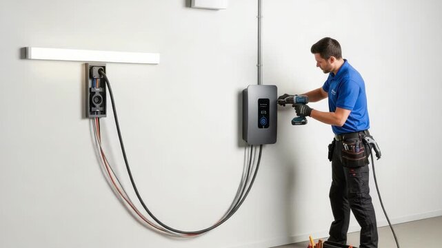 electrician installs grey charging unit on white wall He wears blue shirt black pants and tool belt using drill Wires connect to an open junction box and white light fixture