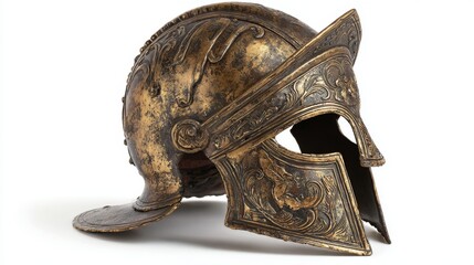 an ancient greek style helmet with intricate detailing and ornamentation, possibly depicting a warrior's headgear from classical antiquity