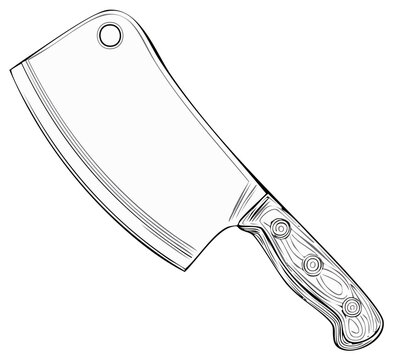Detailed Black and White Illustration of a Wood Handled Meat Cleaver Kitchen Utensil
