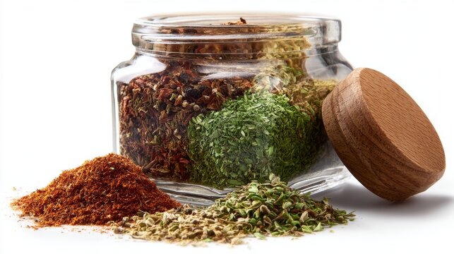a glass jar filled with various spices, prominently including cumin seeds and red pepper flakes. the jar is positioned against a white background, highlighting its contents