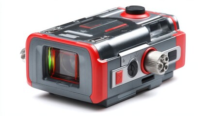 Fototapeta premium a red and grey professional video camera. it appears to be a high end device with various control knobs and dials visible on its body