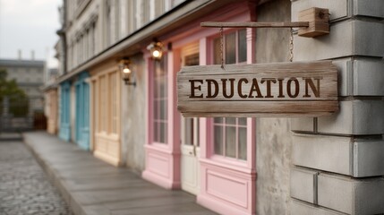 Obraz premium Education Sign on Brick Wall with Colorful Building Background on Cobblestone Street