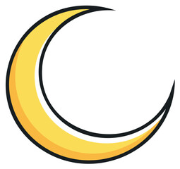 Illustration of a crescent moon in yellow with a black outline, cartoon style