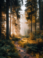 Obraz premium Soft morning light filters through the tall trees, illuminating a serene forest path lined with ferns in autumn hues