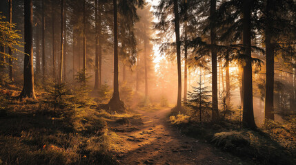 Obraz premium Golden sunlight filters through tall trees in a tranquil forest, creating a serene path at dawn with mist rising from the ground