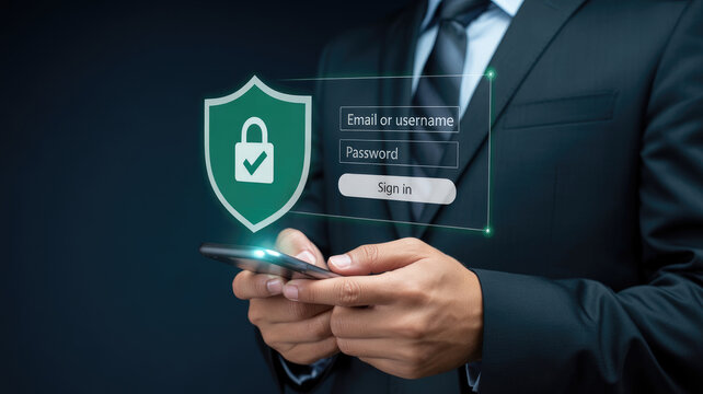 Secure login interface with shield and padlock icon, protecting digital access for modern business professionals using mobile devices.