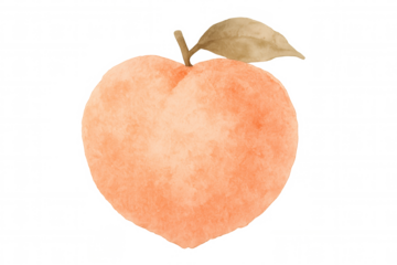 Heart shaped peach watercolor illustration with stem and a leaf, fresh sweet fruit concept, transparent background