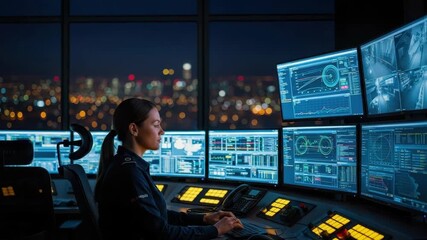 focused operator monitors multiple screens displaying data graphs and surveillance in high-tech control room at night using keyboard and mouse A blurred city skyline is visible - Powered by Adobe