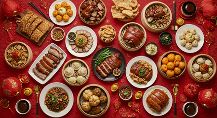 A vibrant overhead shot of a traditional Chinese New Year feast, featuring an abundant spread of various festive dishes, dumplings, roasted meats, and tangerines on a rich red background.