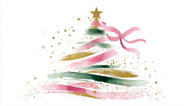 abstract modern christmas tree with pink gold and green brush stroke design - Powered by Adobe