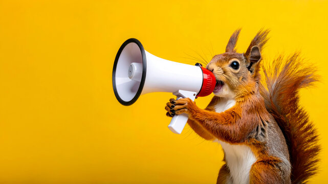 squirrel holding megaphone announcement in yellow background with copy space