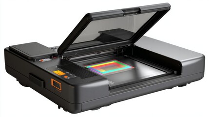 a portable 3d printer with an open lid, showcasing its interior. it's placed against a neutral background and is likely a product photo intended for marketing or sales purposes