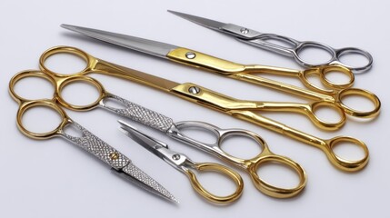 a collection of scissors with gold handles, arranged in a row against a plain background