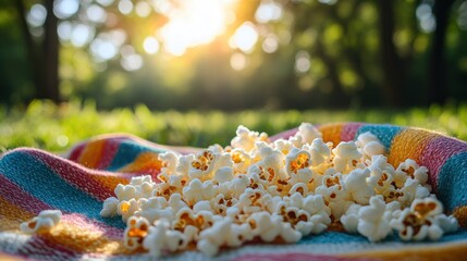 Popcorn on a colorful picnic blanket in a park at sunset.