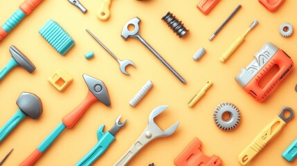 Assorted colorful tools arranged on a pastel orange background.