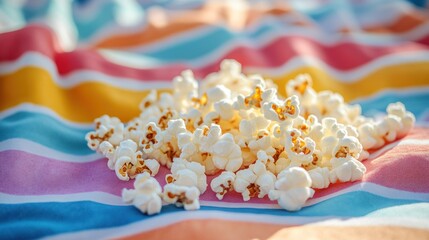 A pile of popcorn on a colorful striped blanket.