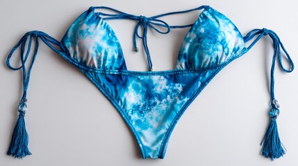 a blue tie dye bikini with tassels, displayed on a white surface against a light background