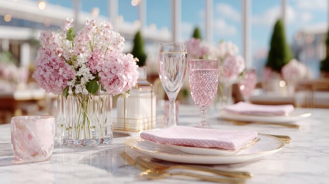 Elegant Dining Table Setup with Pink Flowers and Glassware in Soft Lighting