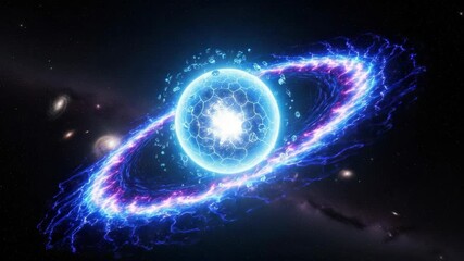 brilliant blue celestial sphere fragmented and glowing with white core is encircled by dynamic ring of vibrant blue and purple lightning energy in star-filled cosmos with distant galaxies and nebulae - Powered by Adobe