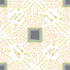 Seamless Pattern of a Computer Chip and Circuitry Lines with Yellow Dots on a White Background