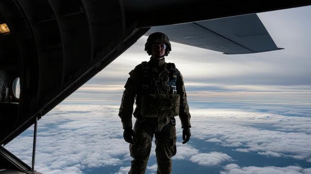 paratrooper in tactical gear helmet and goggles stands at the open ramp of transport aircraft silhouetted by bright clouds stretching to the horizon below
