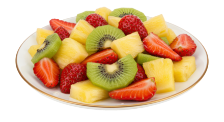   fruit salad with strawberries, kiwi, and pineapple on a plate on transparent background