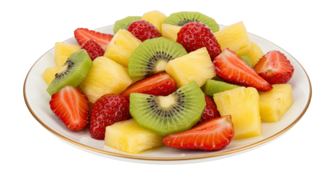   fruit salad with strawberries, kiwi, and pineapple on a plate on transparent background