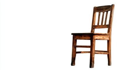 a solitary wooden chair with a high backrest stands in an empty space, set against a plain background
