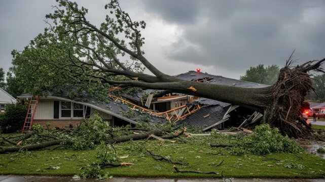 massive uprooted tree has crushed the roof of single-story house exposing rafters and scattering debris The home is heavily damaged with ladder leaning against it under an overcast sky