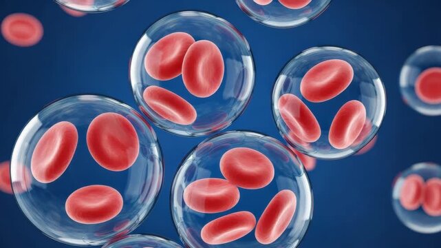 Close-up of numerous transparent spherical capsules each containing multiple red biconcave cells possibly red blood cells suspended and scattered against dark blue background