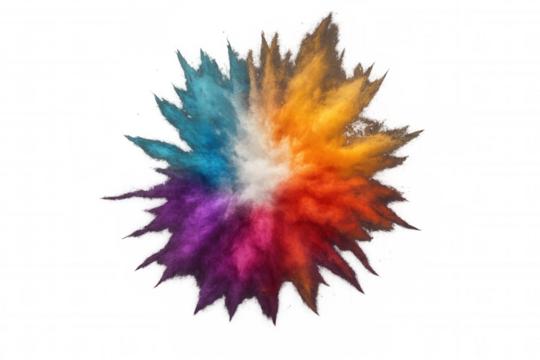 Colorful powder explosion forming a vibrant rainbow burst, dynamic splash of paint pigment dust on transparent background