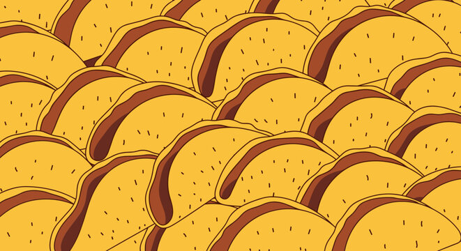 A close up illustration of many tacos arranged in a pattern.