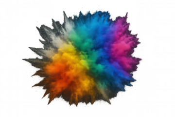 Exploding rainbow powder making vibrant colors on transparent background, colorful dust cloud creating abstract art