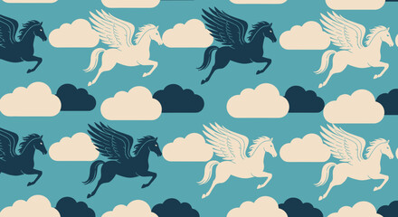 Naklejka premium Flying pegasus horses with wings in the sky among the clouds seamless pattern.