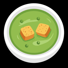 Green Pea Soup with Croutons in a White Bowl.