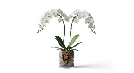 Elegant white orchid plant with arching stems and delicate blooms in a glass vase.