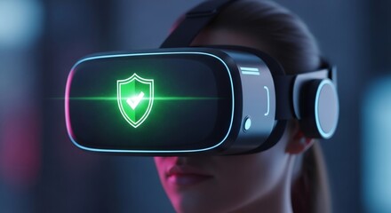 Woman wear virtual reality headset with security shield icon. Digital data protection in metaverse. Cybersecurity concept.