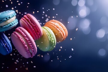 Elegant colorful macarons floating with sprinkles on a dark blue backdrop for a sweet celebration, perfect for decadent dessert promotions or festive backgrounds