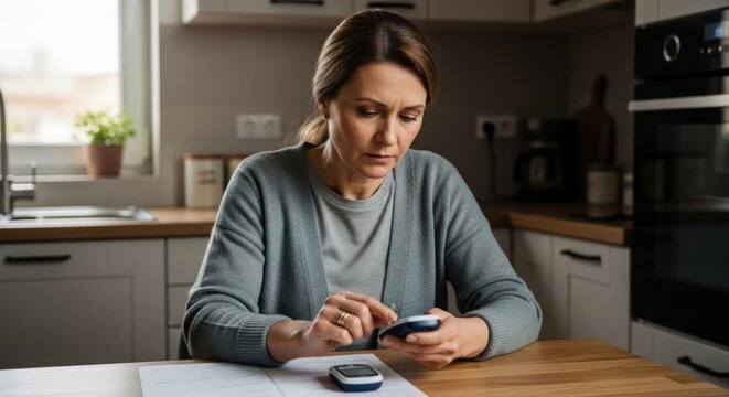 A middle-aged woman in a kitchen checks her blood sugar level