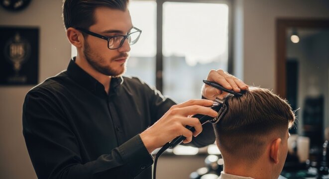 Barber in black shirt cutting short hair with electric clippers
