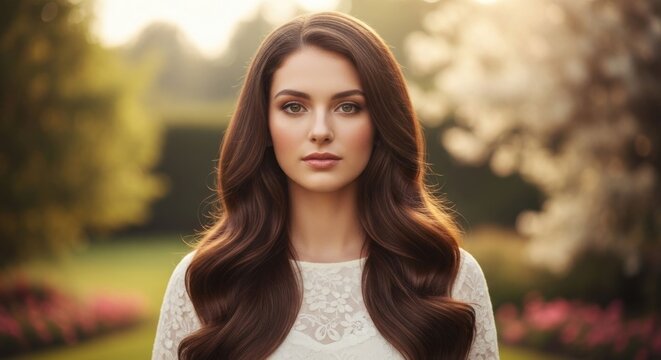 Beautiful woman with long wavy hair in a soft-focus garden - Powered by Adobe