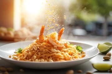 Delicious shrimp pad thai with peanuts being sprinkled on top in a bright and airy setting ready to eat for lunch or dinner, perfect for food blogs