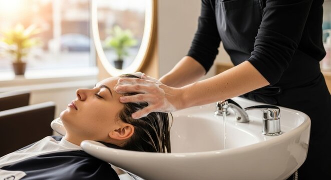Client relaxes as stylist washes hair with shampoo in a salon